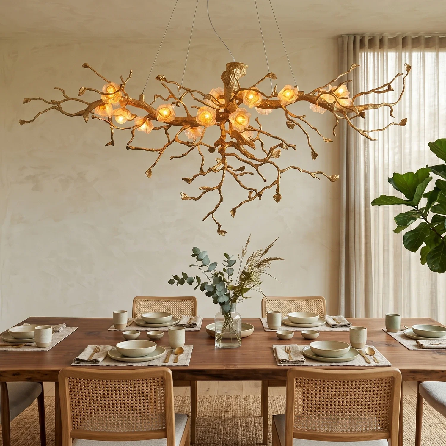 Golden Tree Branch Glass Flower Chandelier by Bling Lighting Studio