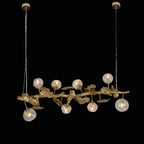 Long Organic Glass Bubble Brass Leaves Branch Chandelier 59" L