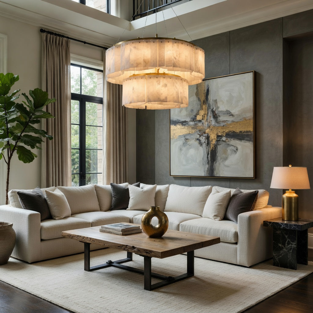 Oakley Two-Tier Layered Alabaster Chandelier by Bling Lighting Studio