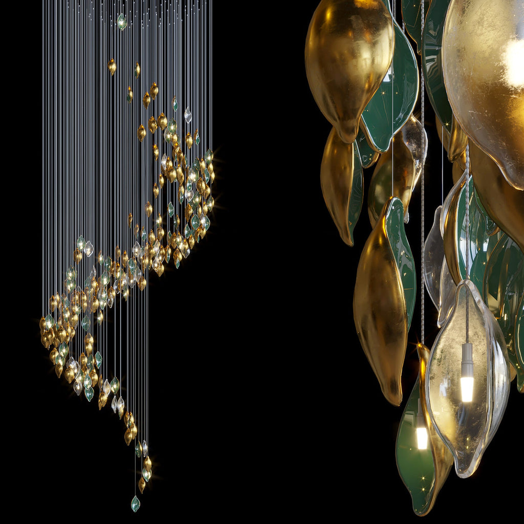 Gold Green Pod Rain Chandelier